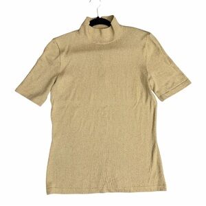 St John Basics Women’s Top Gold Large Mock Neck Shimmer Zipper Knit Short Sleeve